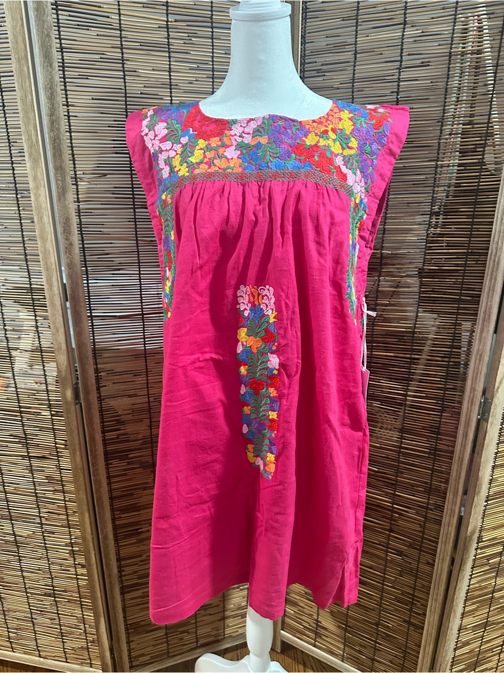 Hand-Embroidered Fuchsia Cotton Casual Dress